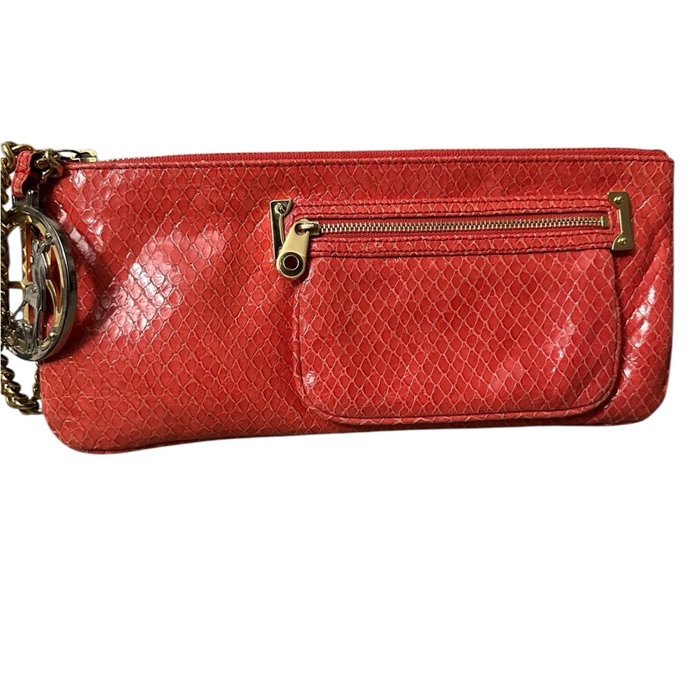 RARE Henri Bendel clutch on a chain with a big Logo in Snake print Orange